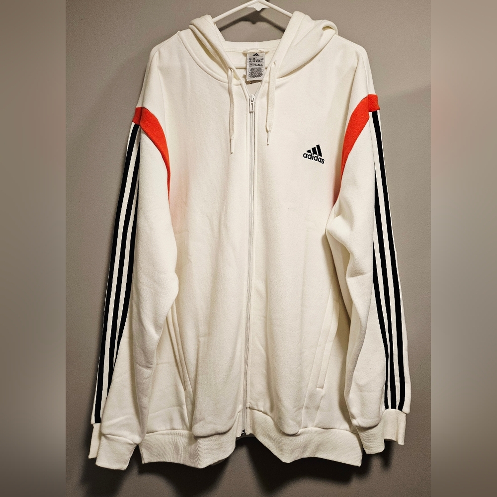Adidas Cream Zip-Up Hoodie with Red and Navy Stripes